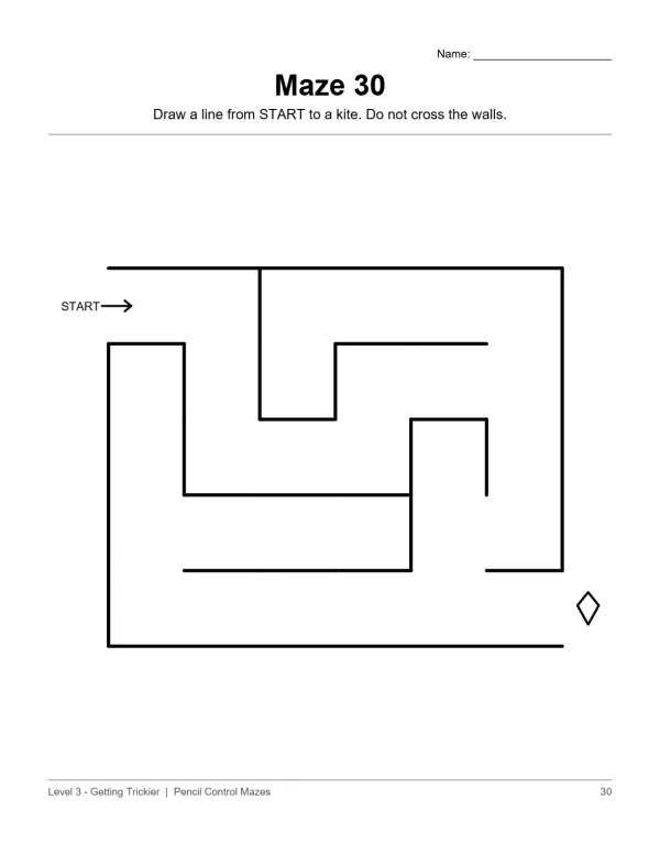A maze with a start arrow and a diamond shape at the end, designed for pencil control practice.