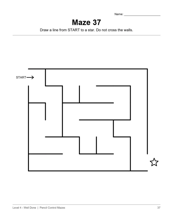 Maze with start and a star at the end, with instruction to draw a line from start to star without crossing walls.