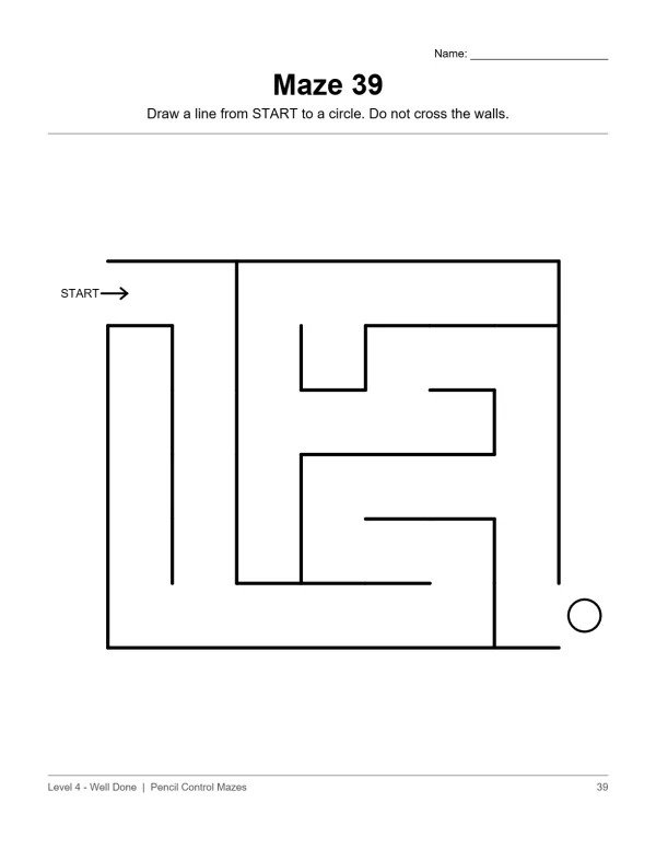 A simple maze with thick black lines, a start arrow, and a finish circle.