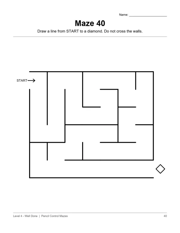A simple maze with a start arrow and a diamond shape at the end, suitable for toddlers.