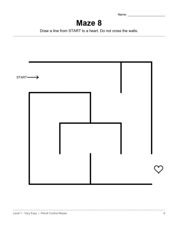 A simple maze with thick black lines, a start arrow, and a small heart shape at the end.