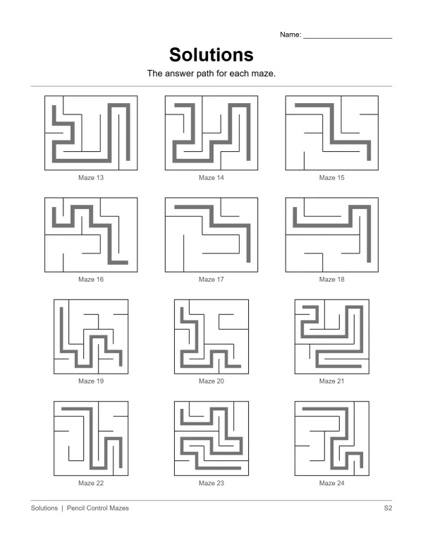 Solutions page showing the correct path for nine different mazes labeled Maze 13 through Maze 21.