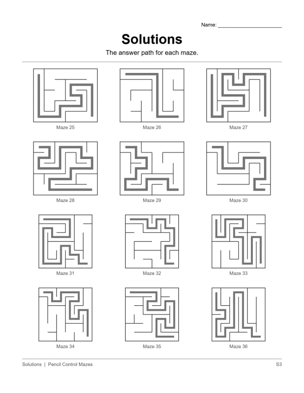 Page showing solutions for mazes 25 through 36, with thick lines indicating the correct path.