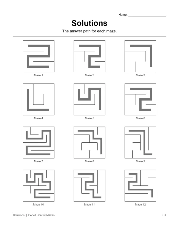 Twelve small square boxes each containing a maze solution path, labeled Maze 1 through Maze 12.