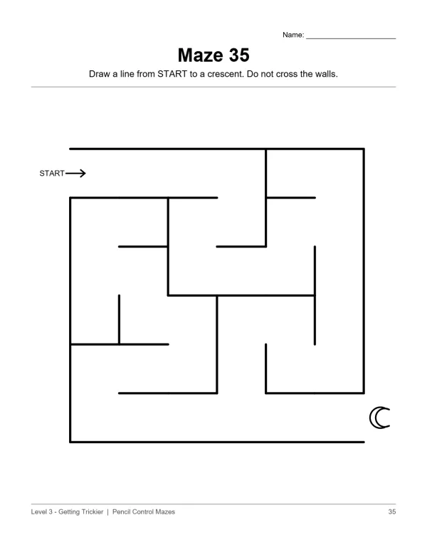 A simple maze with a start arrow and a crescent moon at the end, for tracing a path.
