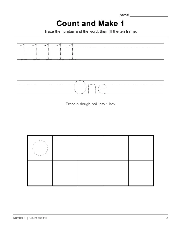 Worksheet for learning the number one with tracing lines and a ten frame.