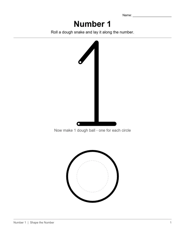 A worksheet with a large number 1 and a circle outline for play dough. Instructions to roll dough.