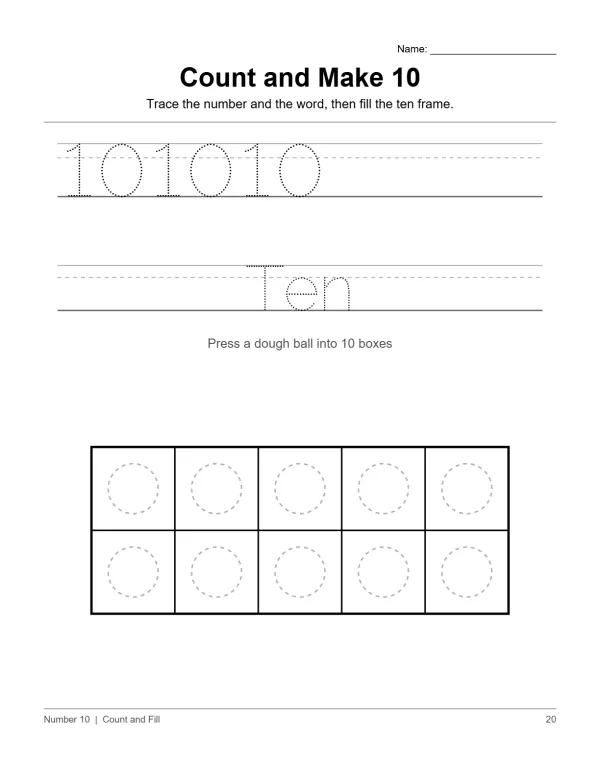 Worksheet with the number 10, the word Ten, and a ten frame for tracing and dough balls.