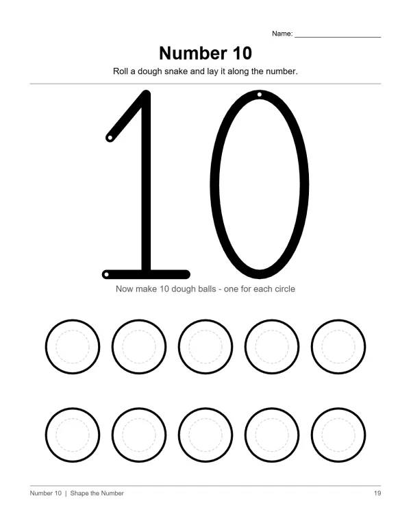 A large number 10 with ten circles below for dough balls, a math activity.