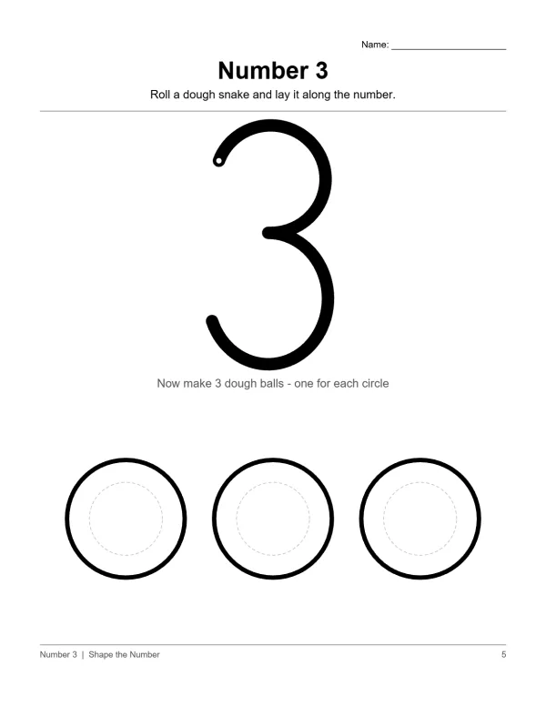 A large outline of the number 3 and three circles with dotted inner circles below.