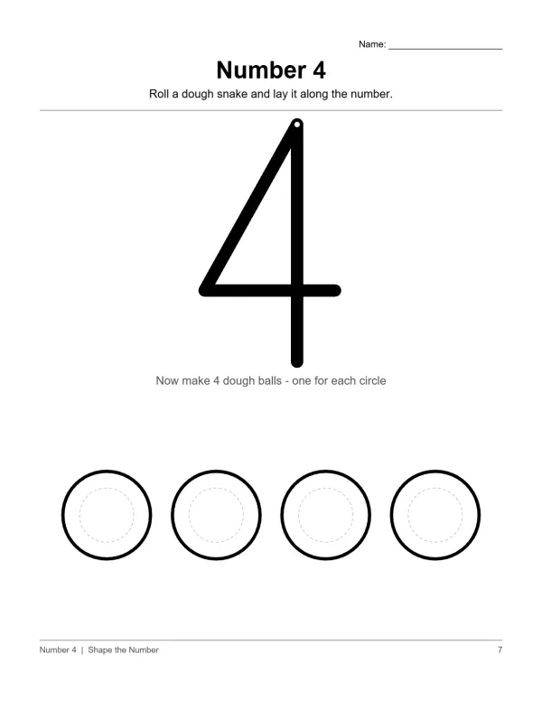 Number 4 outline with instructions to roll a dough snake and four circles below for dough balls.