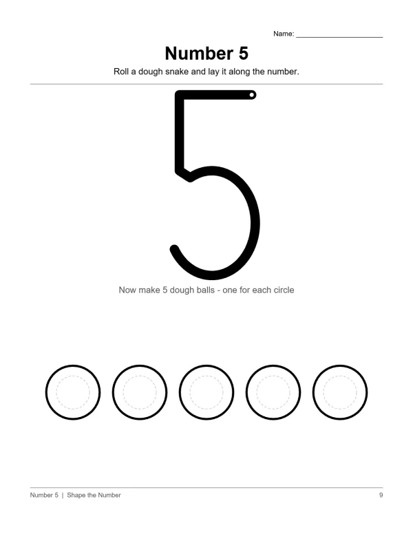 A worksheet with a large outline of the number 5 and five circles below it for play dough.