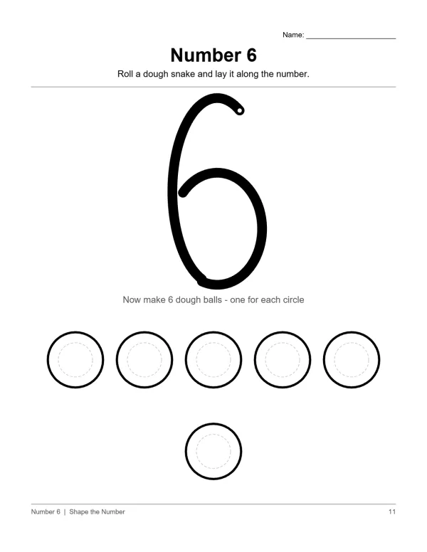 Number 6 play dough smash mat with circles for making dough balls.