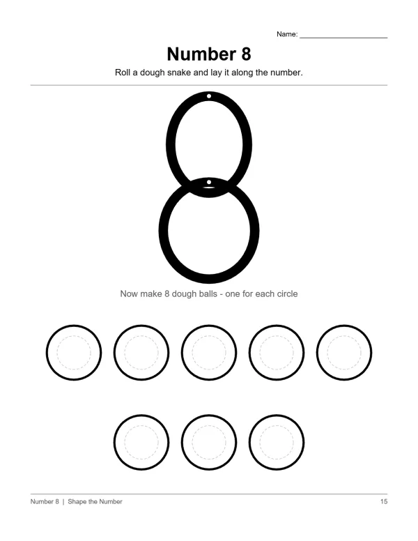 Number 8 play dough smash mat with instructions to roll dough snakes and make dough balls.