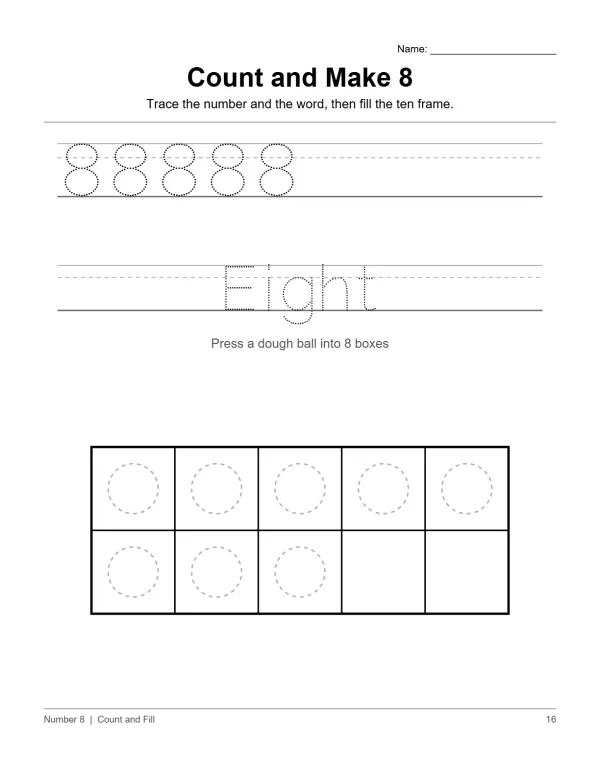 Worksheet page shows tracing lines for the number 8 and the word eight, with a ten frame below.
