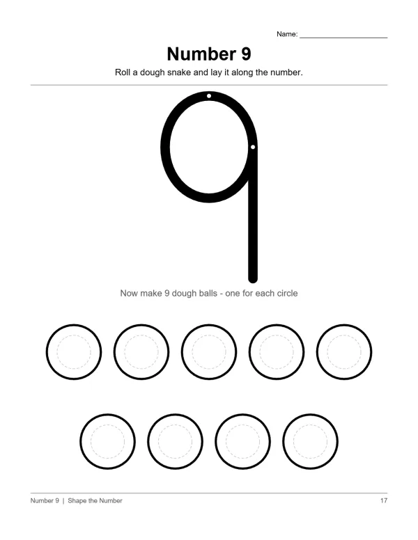 Number 9 play dough mat with instructions and spaces for nine dough balls.