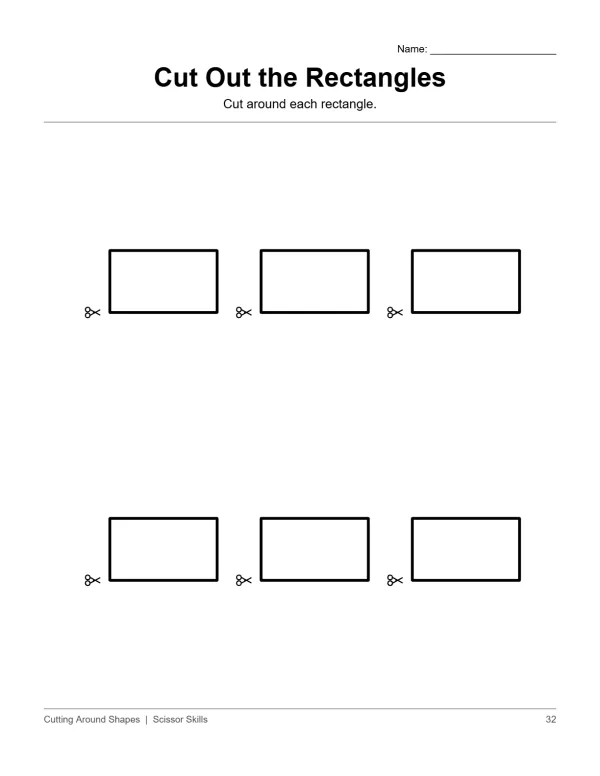 Six large rectangles with scissors icons on a white background for cutting practice.