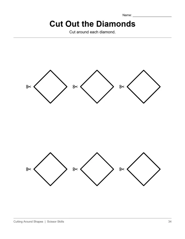 Six diamond shapes with scissors icons on a white background for cutting practice.