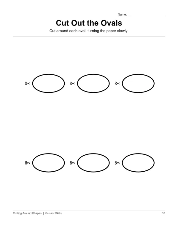 Six empty ovals with scissor icons on a white worksheet page for cutting practice.