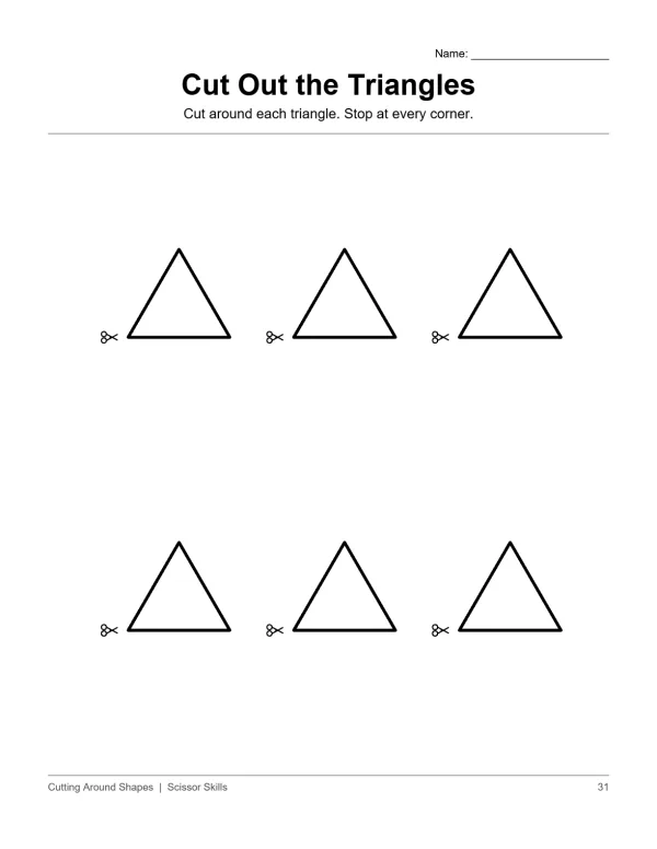 Six blank triangles with scissors icons next to each one, ready for cutting practice.