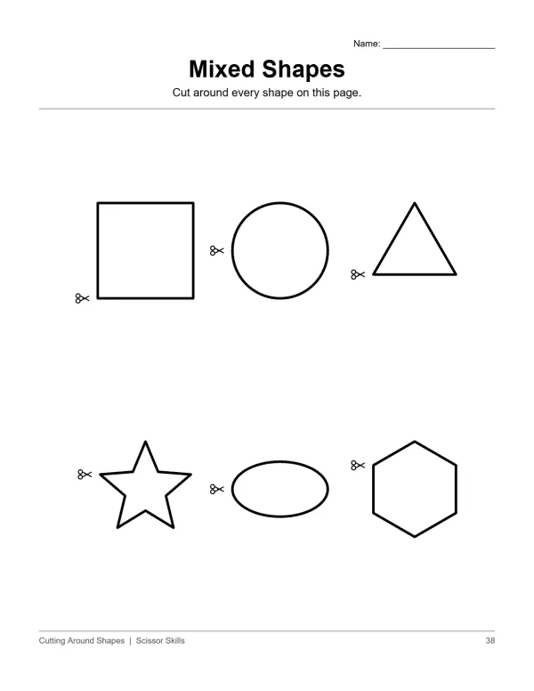 Page with outlines of a square, circle, triangle, star, oval, and hexagon with scissors icons.