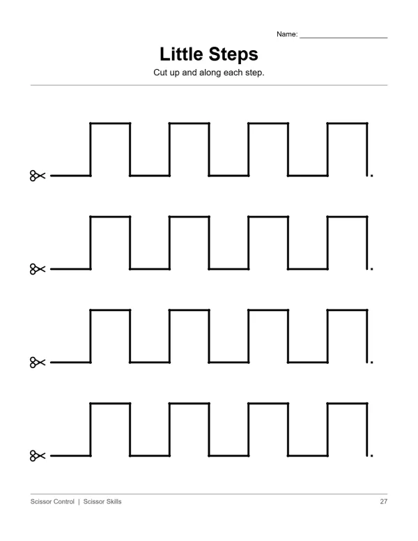 Worksheet with four rows of horizontal and vertical lines for cutting practice, marked with scissors.