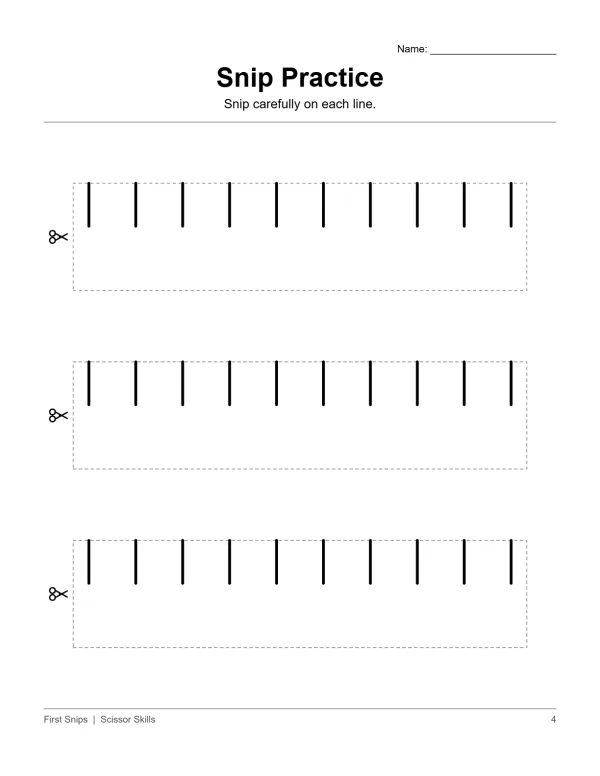 Three rows of dashed lines with vertical tick marks for cutting practice, each marked with scissors.