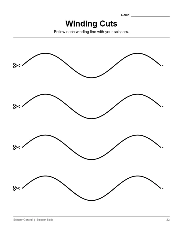 Four horizontal winding lines with scissor icons at the start and dots at the end.