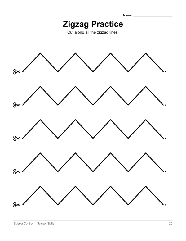 Multiple horizontal zigzag cutting lines with scissors icon on the left and a dot on the right.