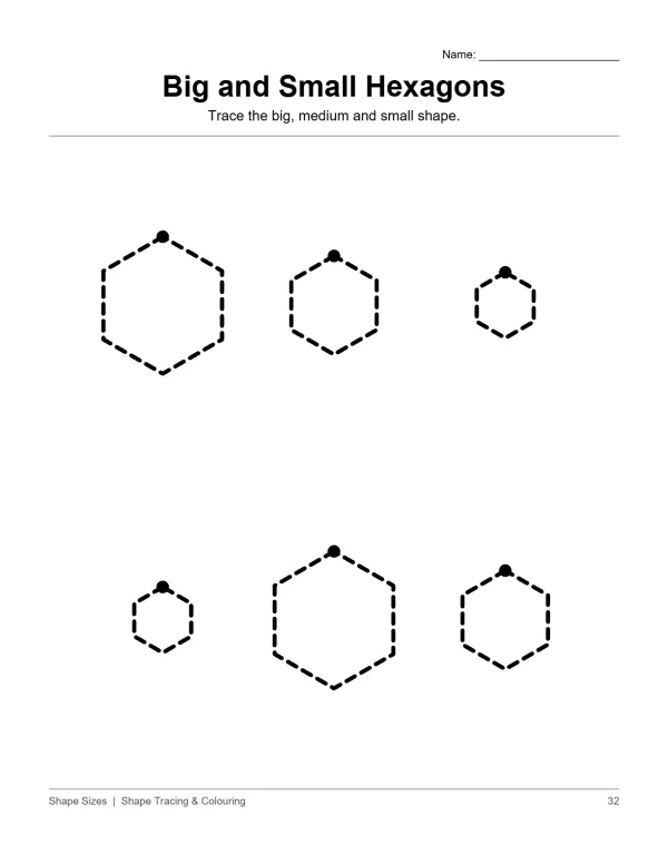 Three large and three small dashed hexagons with a dot above each one for tracing.