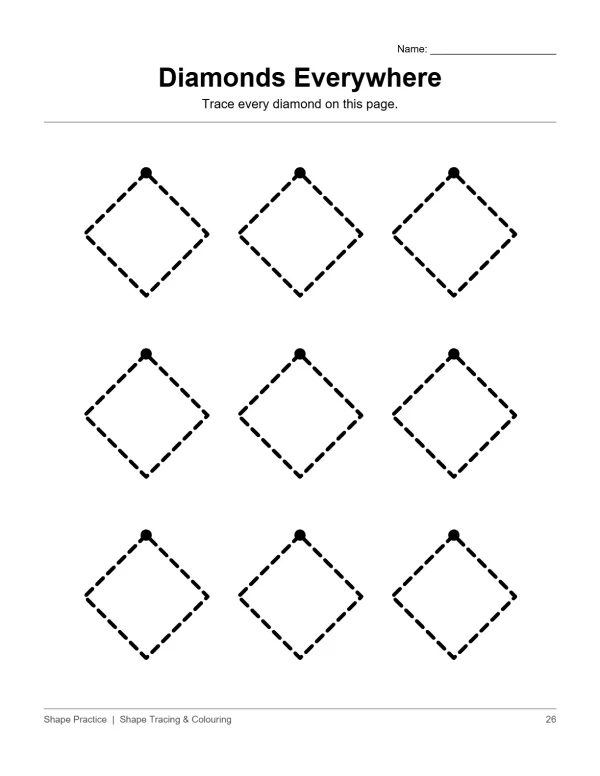 Nine dashed outline diamond shapes with a black dot above each one for tracing practice.