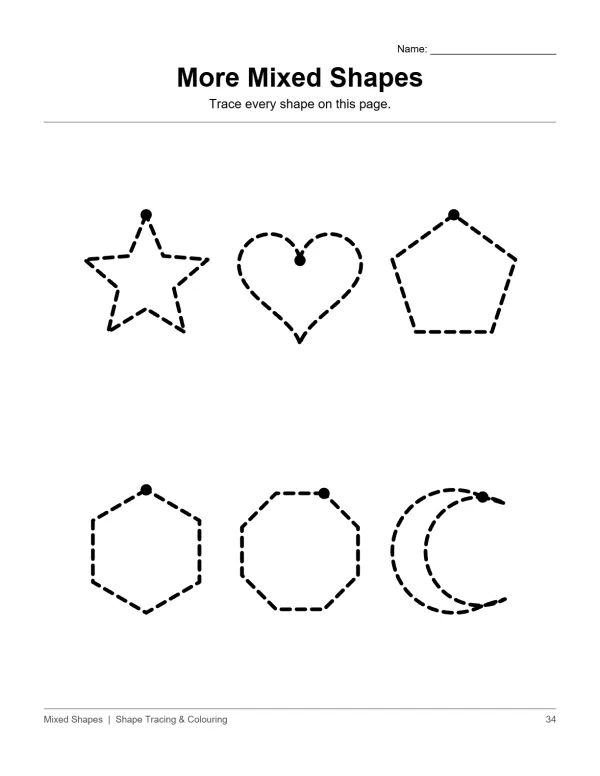 Dotted outlines of a star, heart, pentagon, hexagon, octagon, and crescent moon for tracing.