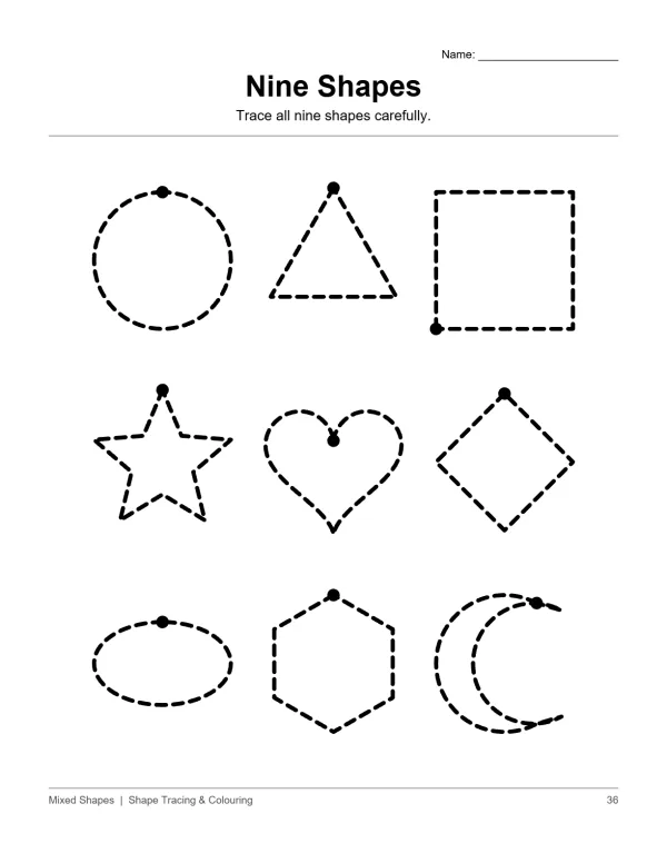 Dashed outlines of nine basic shapes including circle, triangle, square, star, heart, diamond, oval, hexagon, and moon.