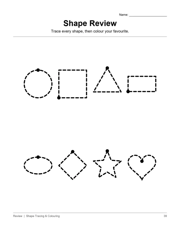 Dashed outlines of eight basic shapes with dots indicating where to start tracing.