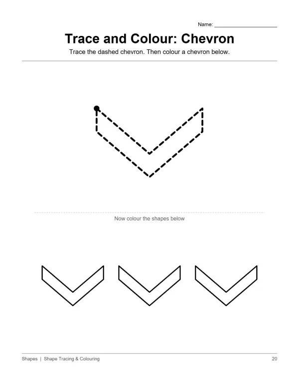 A dashed chevron outline for tracing, followed by three solid chevron shapes to color.