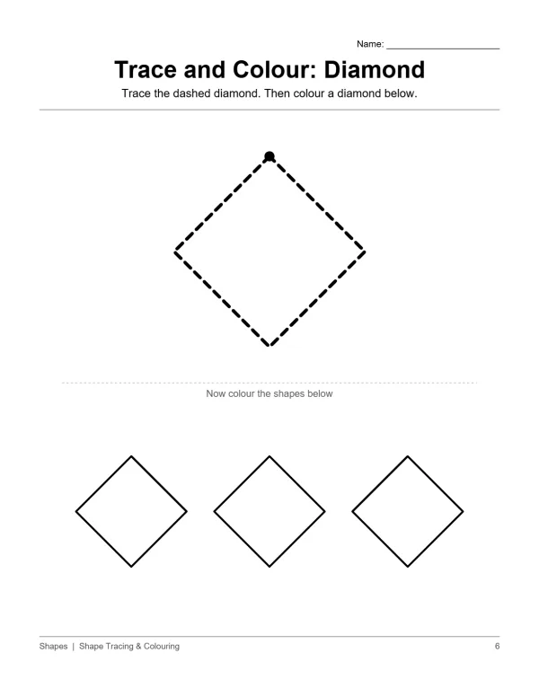 A worksheet with a dashed diamond to trace and three solid diamonds to color.