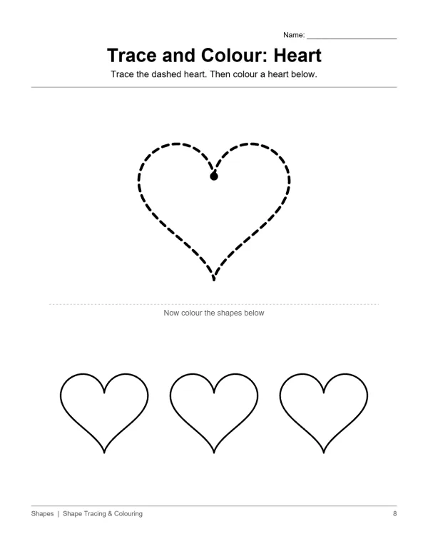 A worksheet with a dashed outline of a heart to trace and three solid hearts to color.