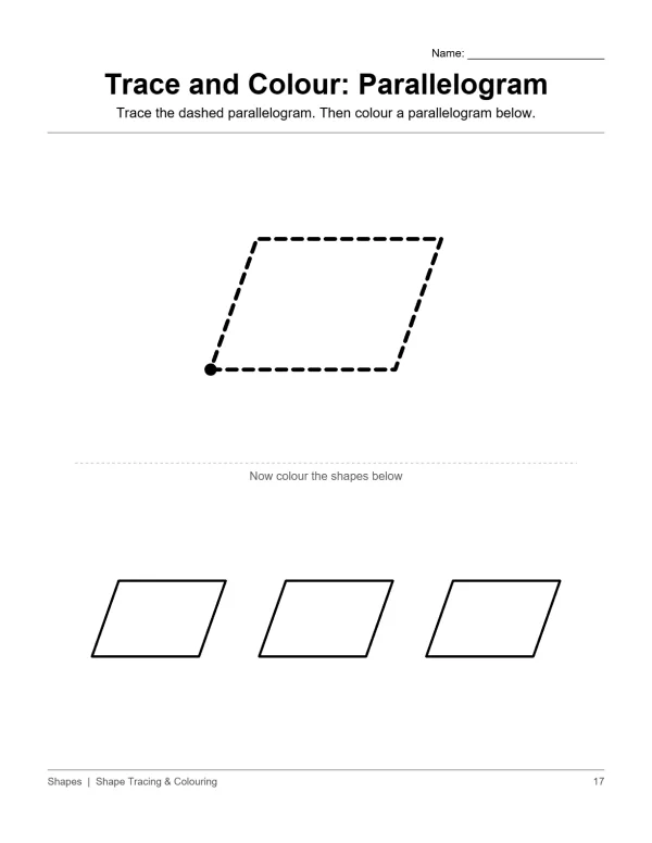 Dashed parallelogram outline to trace and three solid parallelograms to color below.