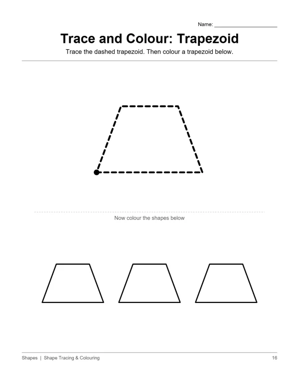 Dashed trapezoid outline with a starting dot, followed by three solid trapezoid outlines for coloring.