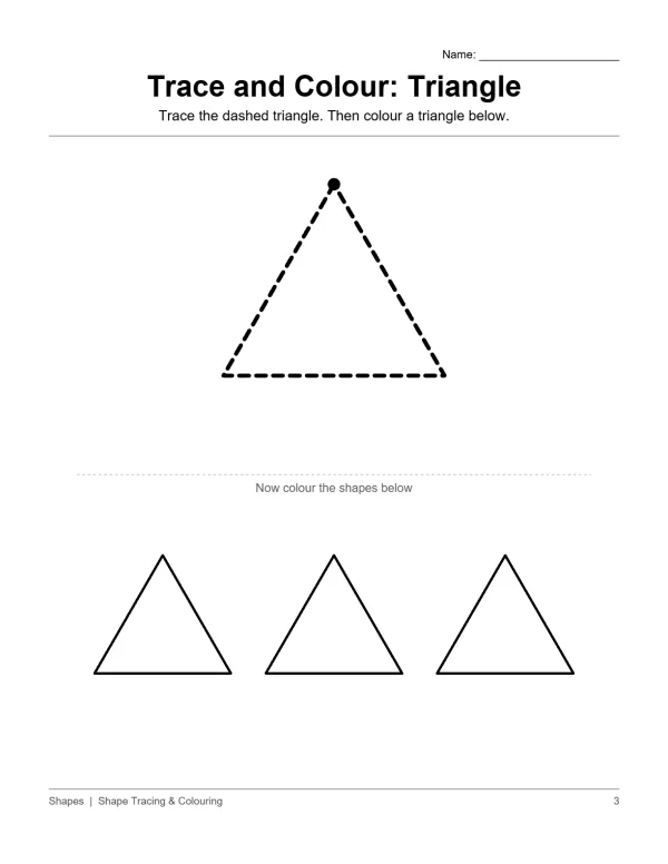 A worksheet with a dashed triangle to trace and three solid triangles to color.