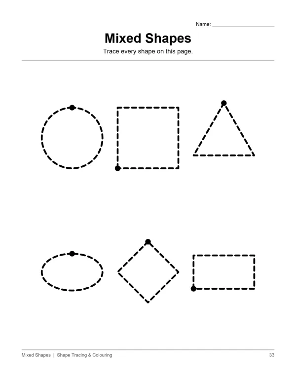 Dashed outlines of a circle, square, triangle, oval, diamond, and rectangle with starting dots.