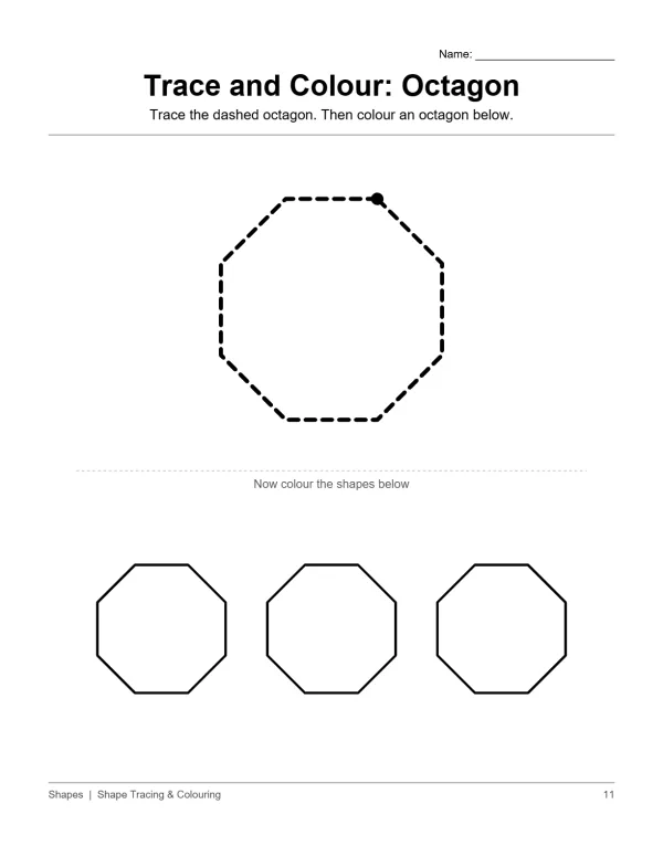 Dashed octagon for tracing, followed by three solid octagons to color.