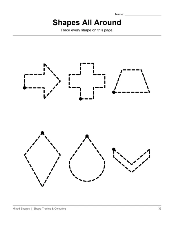 Tracing outlines of an arrow, plus sign, trapezoid, diamond, teardrop, and chevron shapes.