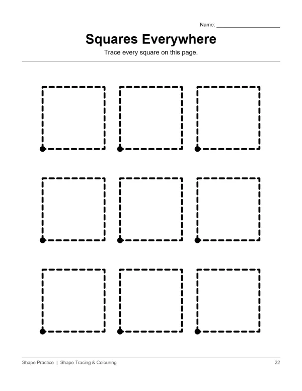 Dashed line squares with dots at the bottom corners for tracing practice on a white background.