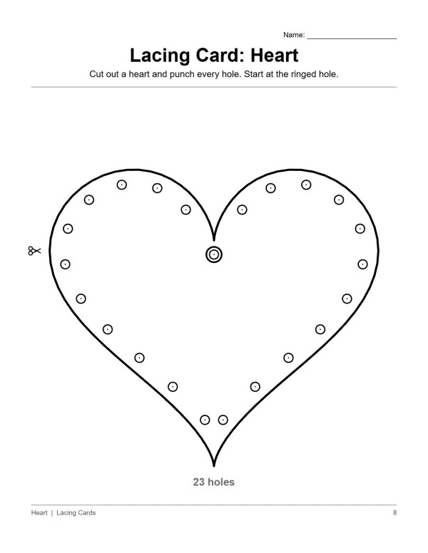 Outline of a heart with 23 holes punched along its edge and one in the center.