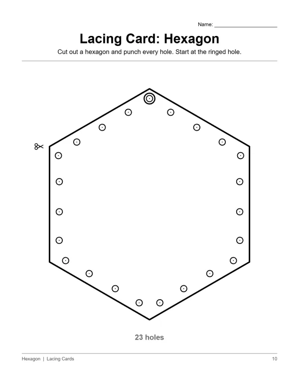 A hexagon shape with 23 holes punched around the edge and one hole with target circles inside.