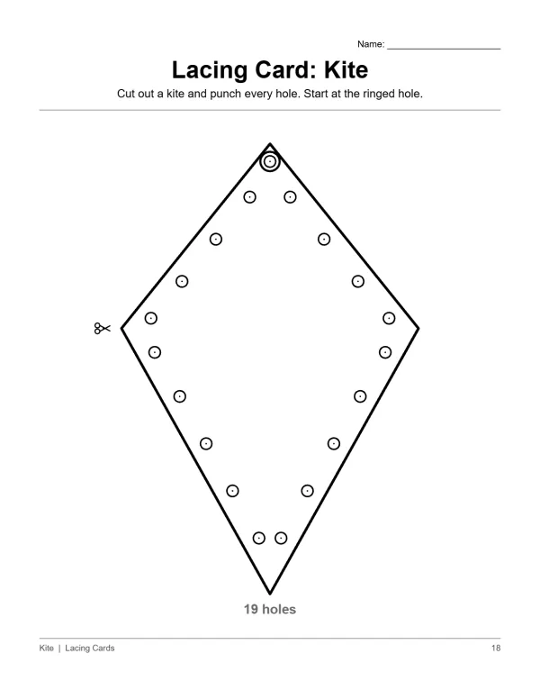 A diamond shaped kite with multiple holes punched around the outline and a few in the center.