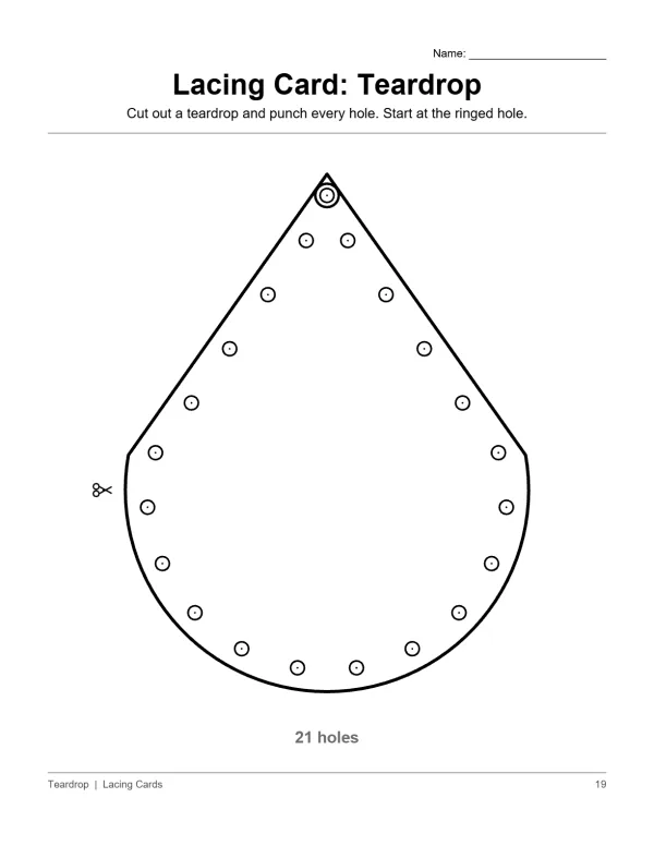 Outline of a teardrop shape with small circles around the edge for lacing, with scissors icon.