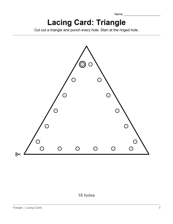A large triangle outline with many small circles for punching holes and lacing.