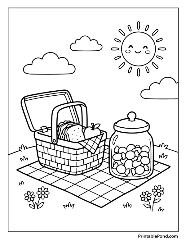 A cartoon sun smiles in the sky above a picnic blanket with a basket of food and a jar of candy.